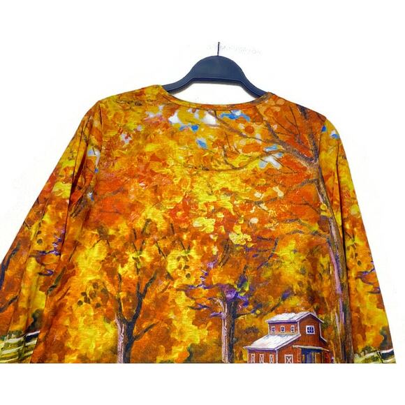 Gloria Vanderbilt Women's Medium Top Rhinestones in Trees Fall Farm Scene - Picture 6 of 7